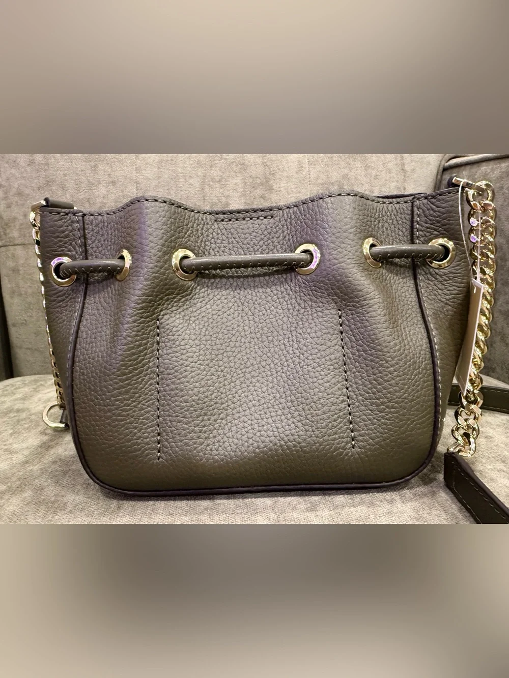 Michael Kors Phoebe Olive Green Leather Drawstring Crossbody with Gold Accents